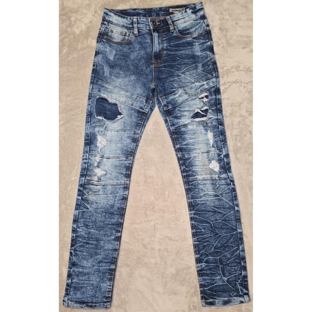 SouthPole Skinny Jeans Mens 30x32 Blue Streetwear Grunge Ripped Whiskered Blue